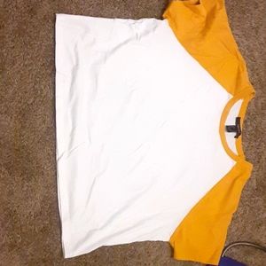 Forever 21 crop short sleeve shirt, white with mustard colored sleeves, size M